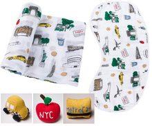 Load image into Gallery viewer, New York City Swaddle, Burp/Bib & Rattle Set